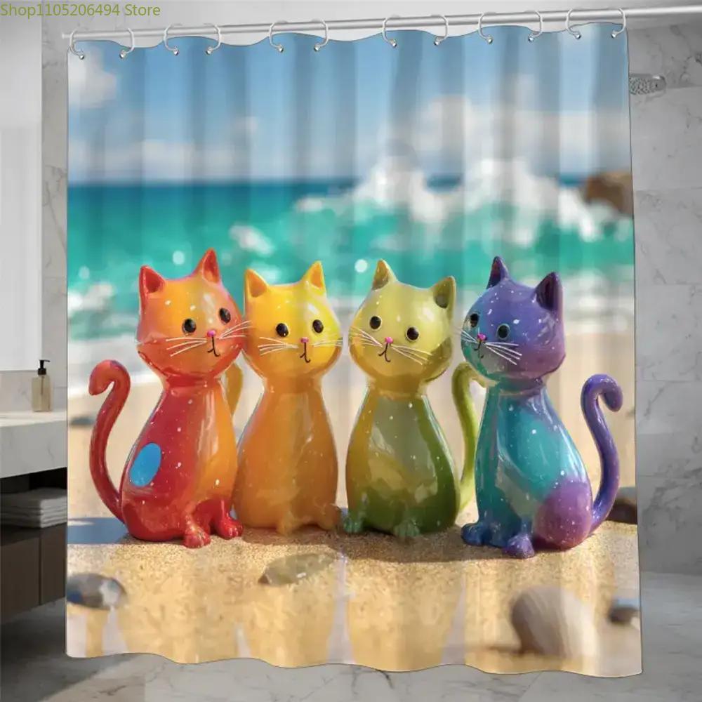 Home Decor Bathroom Ideas - Kolorowa tęczowa zasłona prysznicowa z kotami,